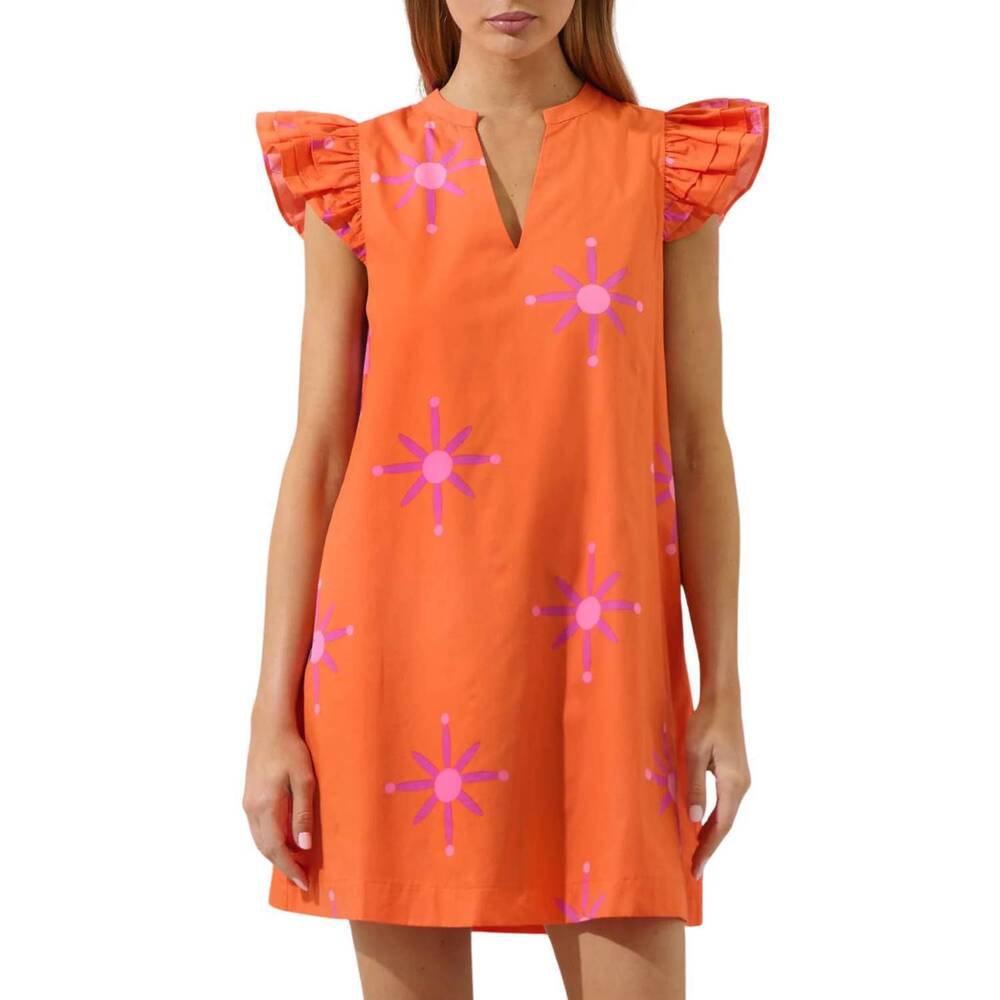 NEW SUGARLIPS karani starburst evalyn ruffle mini dress in orange/fuchsia